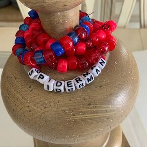 Bundle of Red and Blue Beaded Bracelets.  Elastic and stretchy.  Spider-Man